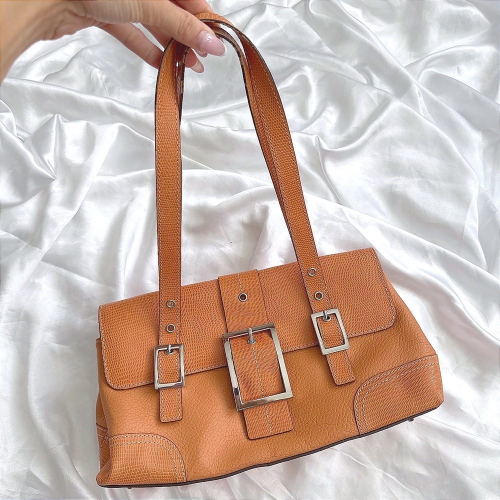 Maxx New York Orange Leather Lizard Embossed Buckle Shoulder Bag Y2K Baguette